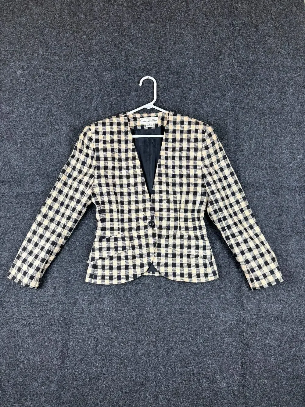 Vintage Christian Dior Black Ivory Check Plaid Skirt Suit Set Womens Size 6 USA